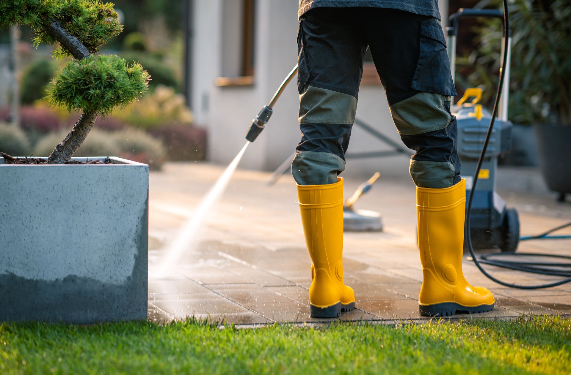 Golden State Cleaning Inc employee doing Pressure Washing  Patio for client in Temecula 